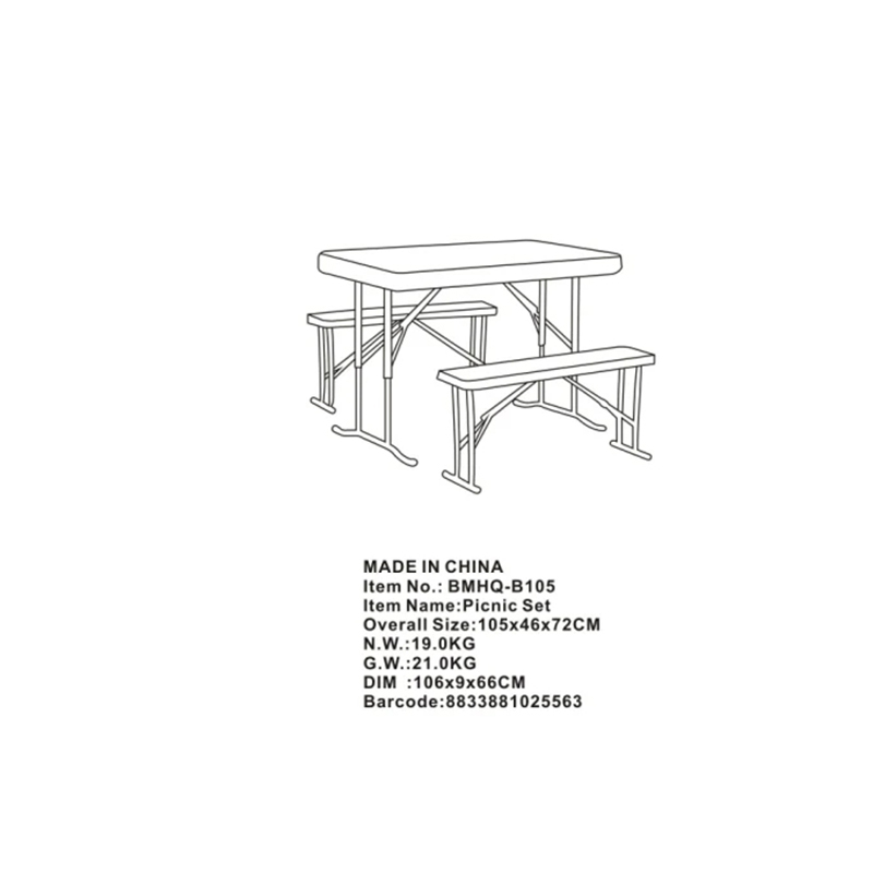 Beer sets Table&Bench  Overall SizeDia.:  Table: 105*65*72cm table top 5cm  Bench :84.5*20*39cm bench top 3cm  HDPE plastic panel 4.0cm  Steel frame 28/25* 1.0mm  NW/GW:17.5/18.5Kgs 0.063cbm  20GP/40HQ 420/1050 Pcs